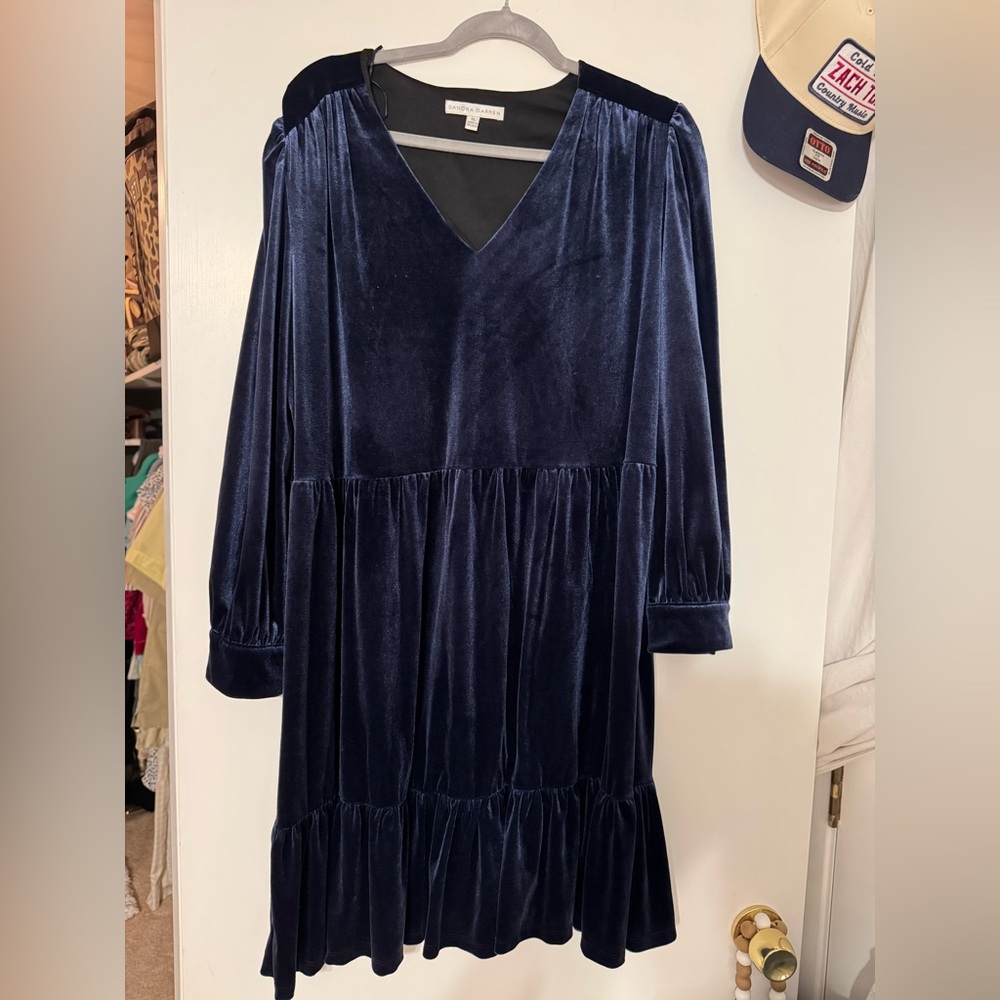 Sandra Darren Navy Velvet V-Neck Tiered Long Sleeve Dress